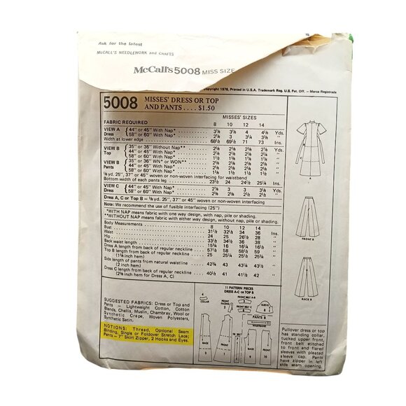 Vintage McCalls 5008 Misses Dress Or Top & Pants Sewing Pattern Size 8 Bust 31.5 - Picture 2 of 2